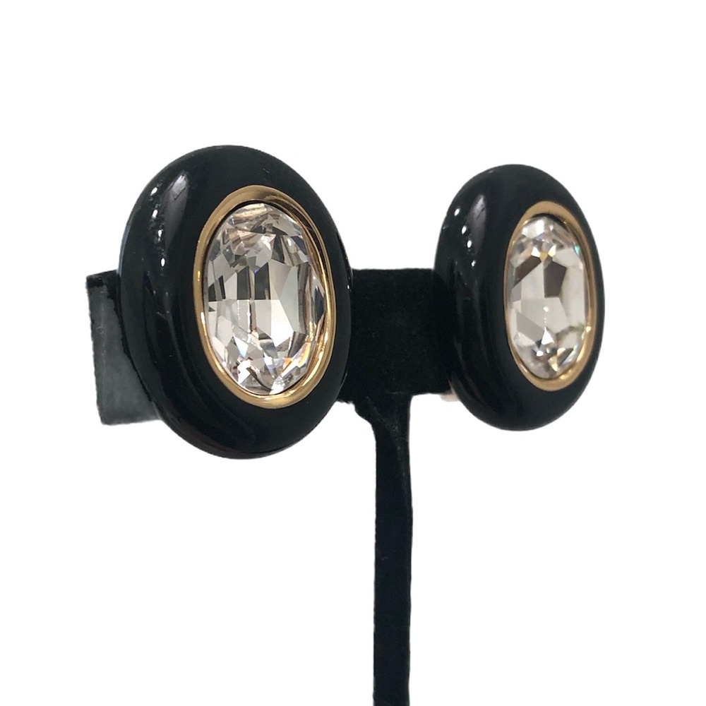 CHRISTIAN DIOR BLACK ENAMEL & FACETED CRYSTAL OVAL CLIP ON EARRINGS - Picture 4 of 16